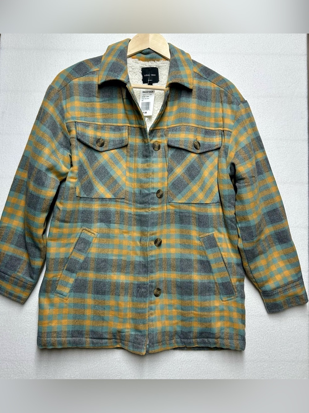 Love Tree Heavy Plaid Sherpa Jacket Small – Mint Green Mustard Check | NWT